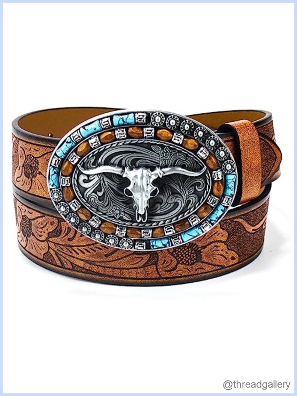 Western Leather Belt Womens Turquoise Oval Buckle Embossed Adjustable